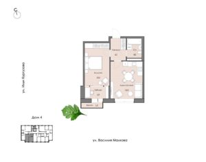 Дом 3; 4 | Секции 4-8 - Планировка однокомнатной квартиры в ЖК Ботаника в Комарово парк в Тюмени