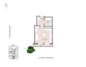 Дом 1 | Секция 1 - Планировка студии в ЖК Ботаника в Комарово парк в Тюмени