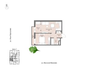 Дом 1 | Секция 1 - Планировка однокомнатной квартиры в ЖК Ботаника в Комарово парк в Тюмени