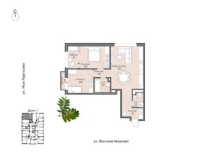 Дом 1 | Секция 1 - Планировка двухкомнатной квартиры в ЖК Ботаника в Комарово парк в Тюмени