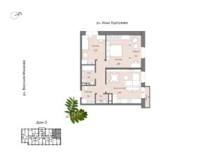 Дом 2 | Секции 2; 3 - Планировка двухкомнатной квартиры в ЖК Ботаника в Комарово парк в Тюмени