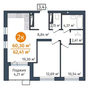Дом ГП-1.3 - Планировка двухкомнатной квартиры в ЖК DOK (ДОК) в Тюмени