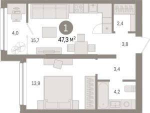 Дом 1 | Секции 1.1-1.8 - Планировка однокомнатной квартиры в ЖК Зарека в Тюмени
