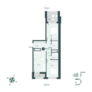 Дом ГП-3 на Первооткрывателей 13 - Планировка двухкомнатной квартиры в ЖК Мотивы в Тюмени