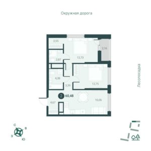 Дом ГП-1 на Первооткрывателей 9 - Планировка двухкомнатной квартиры в ЖК Мотивы в Тюмени